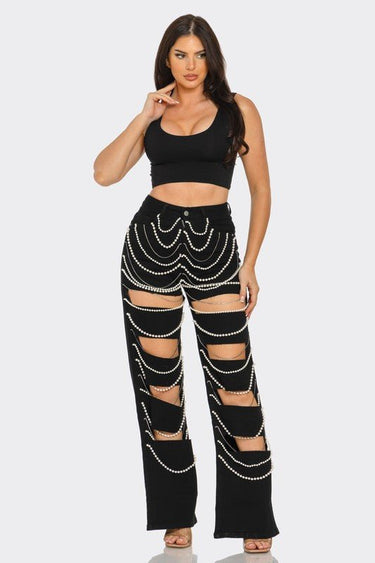Glam Drip Pearl Statement Jeans - Black - Palazzo Couture Online