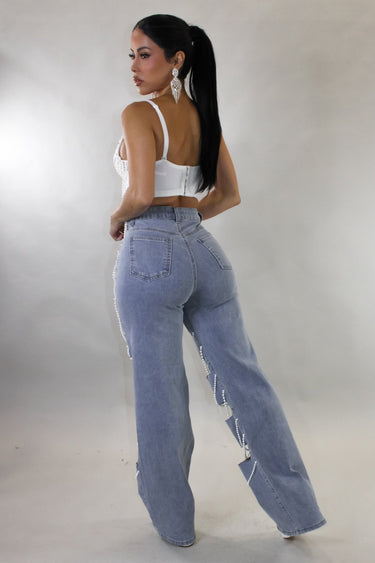 Glam Drip Pearl Statement Jeans - Blue - Palazzo Couture Online