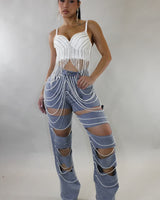 Glam Drip Pearl Statement Jeans - Blue - Palazzo Couture Online