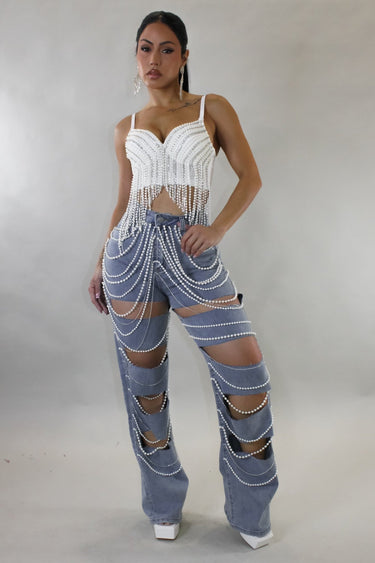 Glam Drip Pearl Statement Jeans - Blue - Palazzo Couture Online