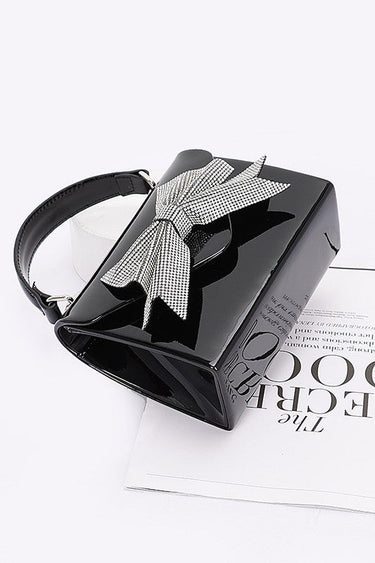 Glam Enamel Bow Rhinestone Clutch – Black - Palazzo Couture Online
