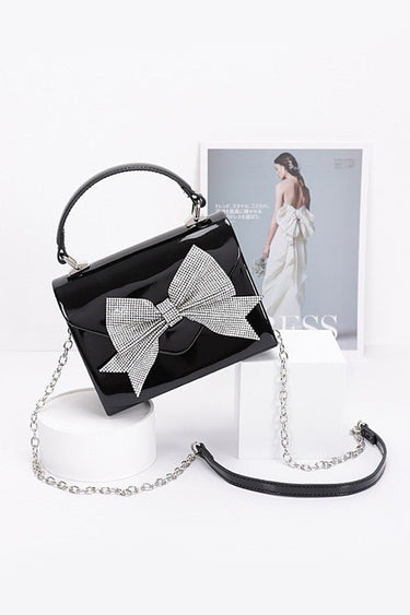 Glam Enamel Bow Rhinestone Clutch – Black - Palazzo Couture Online