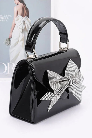Glam Enamel Bow Rhinestone Clutch – Black - women's evening clutch