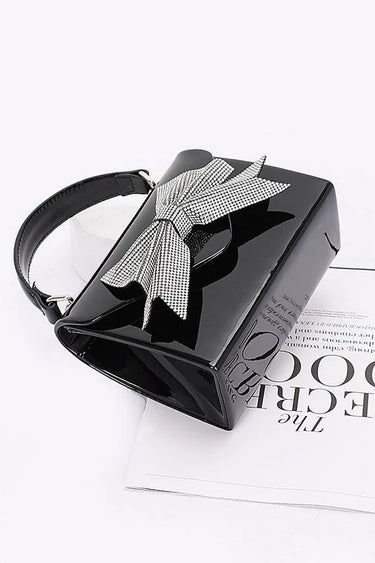 Glam Enamel Bow Rhinestone Clutch – Black - trendy women's bag