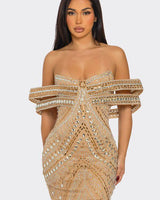 Close-up of shimmering rhinestone rings on the Glam Luxe Nude Dress