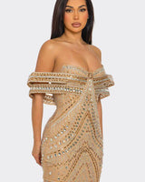 Glam Luxe Mini Dress Nude with off-shoulder rhinestone ring details