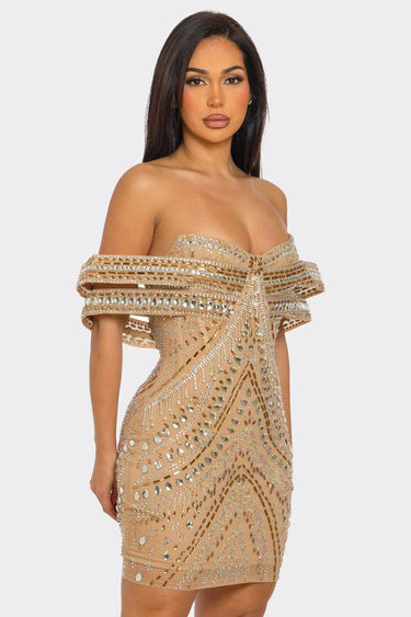 Glam Luxe Mini Dress Nude with off-shoulder rhinestone ring details