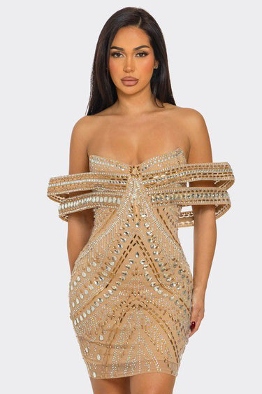 Glam Luxe Mini Dress Nude with off-shoulder rhinestone ring details