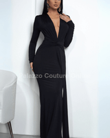 Long sleeve deep V-neck black gown – evening fashion for women