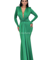 Long sleeve jade gown with deep V neckline – formal wear for women