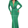 Long sleeve jade gown with deep V neckline – formal wear for women