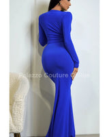Glam Twist Maxi Dress Royal Blue close up detail of elegant design and fabric