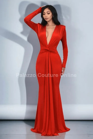Glam Twist Maxi Dress (Tomato Red) front view showing full-length maxi silhouette