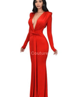 Glam Twist Maxi Dress (Tomato Red) side view highlighting floor-length hemline