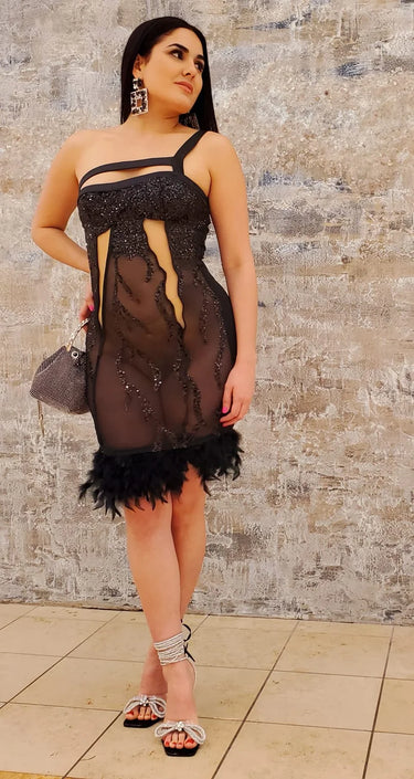 Glamour Black Mini Dress with Stretch Fit close up detail of elegant design