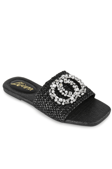 Black slides with tweed fabric and gemstone brooch