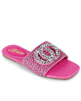 Pink slides with tweed fabric and gemstone brooch