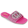 Pink slides with tweed fabric and gemstone brooch