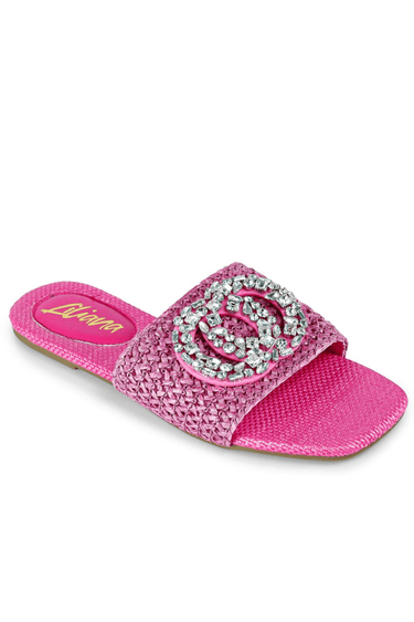 Pink slides with tweed fabric and gemstone brooch