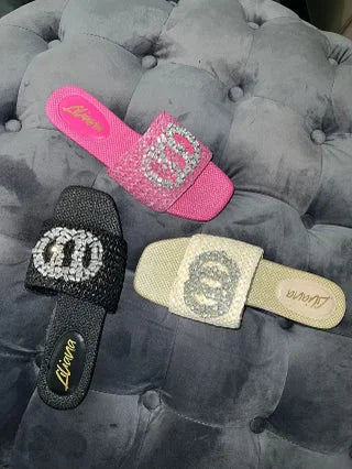 Glamour Pink Slides with Gemstone Detail - women's wedge sandals