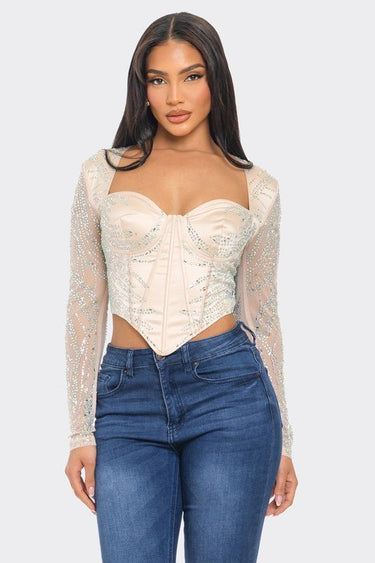 Glamour Rhinestone Corset Crop Top (Champagne) - Palazzo Couture Online