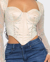 Glamour Rhinestone Corset Crop Top (Champagne) - Palazzo Couture Online