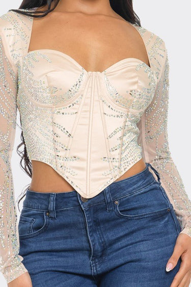 Glamour Rhinestone Corset Crop Top (Champagne) - Palazzo Couture Online