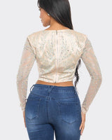 Glamour Rhinestone Corset Crop Top (Champagne) - Palazzo Couture Online