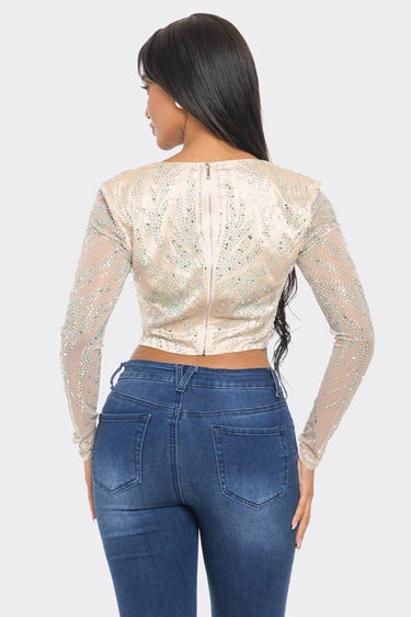 Glamour Rhinestone Corset Crop Top (Champagne) - Palazzo Couture Online