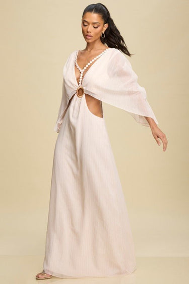Goddess Glow Metallic Cut - Out Caftan Maxi Dress - Ivory - Gold - Palazzo Couture Online