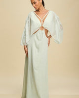 Goddess Glow Metallic Cut - Out Caftan Maxi Dress - Mint - Gold - Palazzo Couture Online