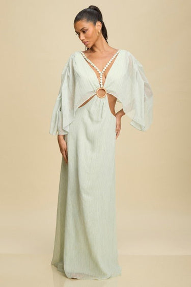 Goddess Glow Metallic Cut - Out Caftan Maxi Dress - Mint - Gold - Palazzo Couture Online