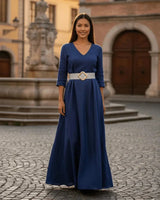 Gold bloom belt styled with blue maxi dress - women's elastic waist belt outfit