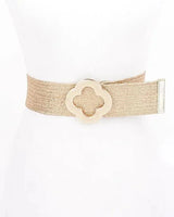 Gold floral buckle elastic waist belt on mannequin - women's fashion accessory