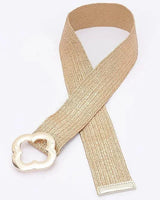 Gold metallic stretch belt with floral bloom buckle for women - Palazzo Couture