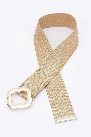 Gold metallic stretch belt with floral bloom buckle for women - Palazzo Couture
