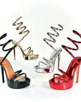 Gold spiral ankle wrap platform stiletto heels - mirror-shine metallic women's going-out shoes