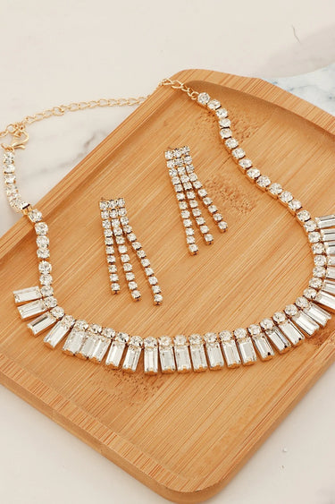 Gold Square Cut Rhinestone Statement Necklace Set - trendy women's jewelry