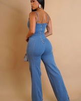 Golden Accent Denim Jumpsuit with Wide-Leg Silhouette - women's one-piece outfit for going out