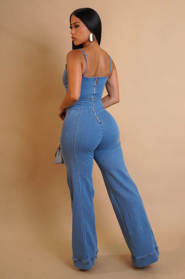 Golden Accent Denim Jumpsuit with Wide-Leg Silhouette - women's one-piece outfit for going out