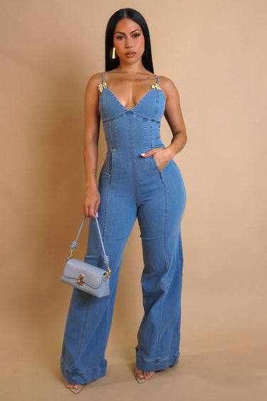 Golden Accent Denim Jumpsuit with Wide-Leg Silhouette for women - stylish jumpsuit by Palazzo Couture