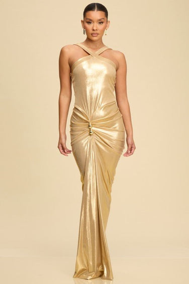 Golden Allure Draped Gown - Gold - Palazzo Couture Online