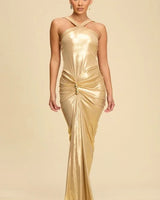 Golden Allure Draped Gown - Gold - front view
