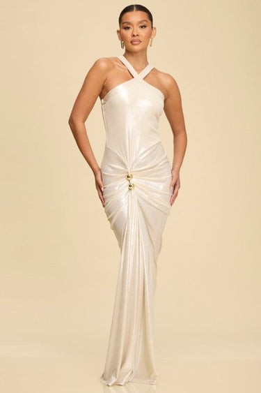 Golden Allure Draped Gown - Pearl - Palazzo Couture Online