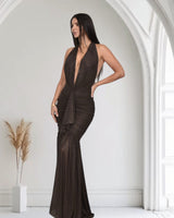 Golden Aura Ruched Mesh Halter Maxi Dress - Chocolate - Palazzo Couture Online