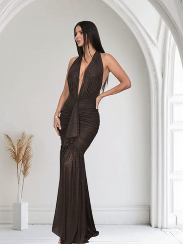 Golden Aura Ruched Mesh Halter Maxi Dress - Chocolate - Palazzo Couture Online