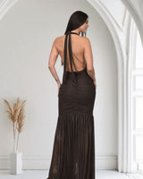 Golden Aura Ruched Mesh Halter Maxi Dress - Chocolate - Palazzo Couture Online