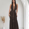 Golden Aura Ruched Mesh Halter Maxi Dress - Chocolate - Palazzo Couture Online