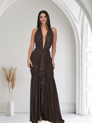 Golden Aura Ruched Mesh Halter Maxi Dress - Chocolate - Palazzo Couture Online
