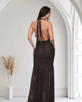 Golden Aura Ruched Mesh Halter Maxi Dress - Chocolate close up detail of halter design and fabric